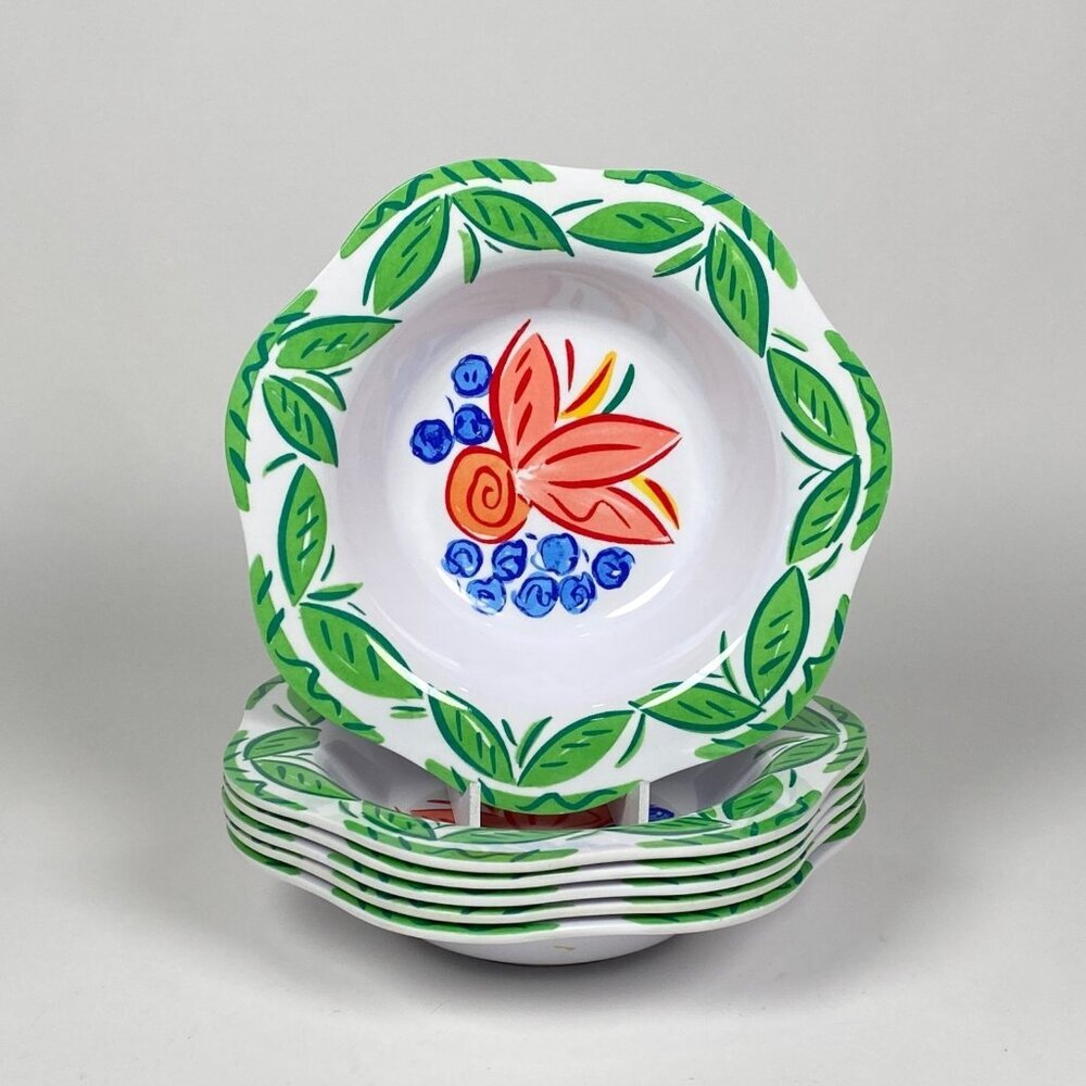 Trudeau Melamine Salad Cereal Bowls Set of 6 Fruit Blueberry Print Scallop Edges